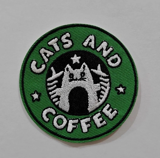 Embroidered Iron on Patch - Cats & Coffee